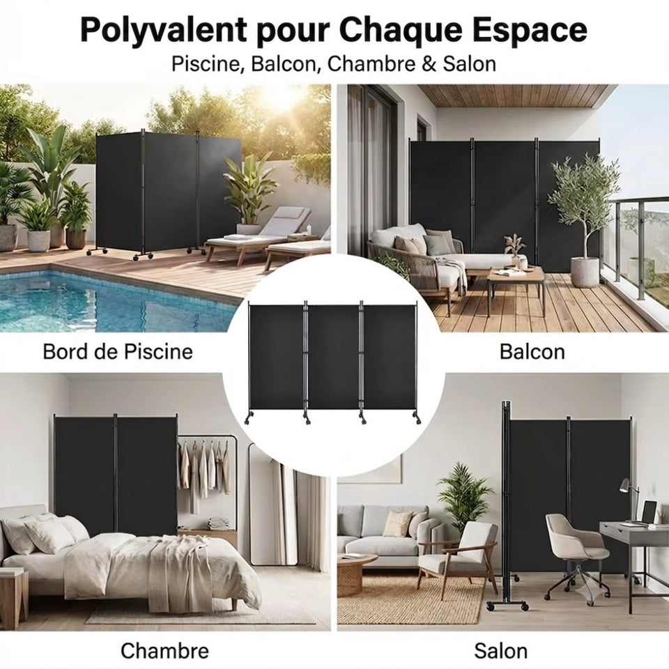 Paravent 3 Panneaux sur Roulettes — Cloison Mobile Intérieur & Balcon