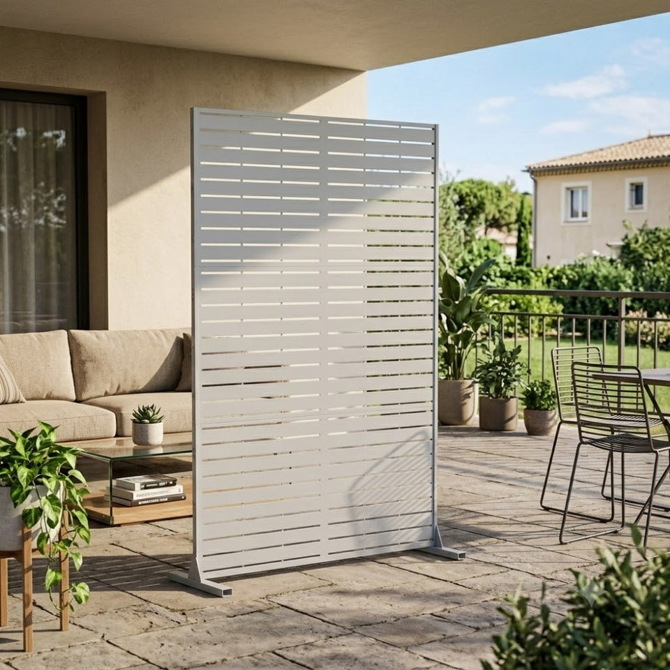 Paravent Métal Extérieur 183 cm — Lamelles Blanches, Autoportant, Terrasse & Balcon