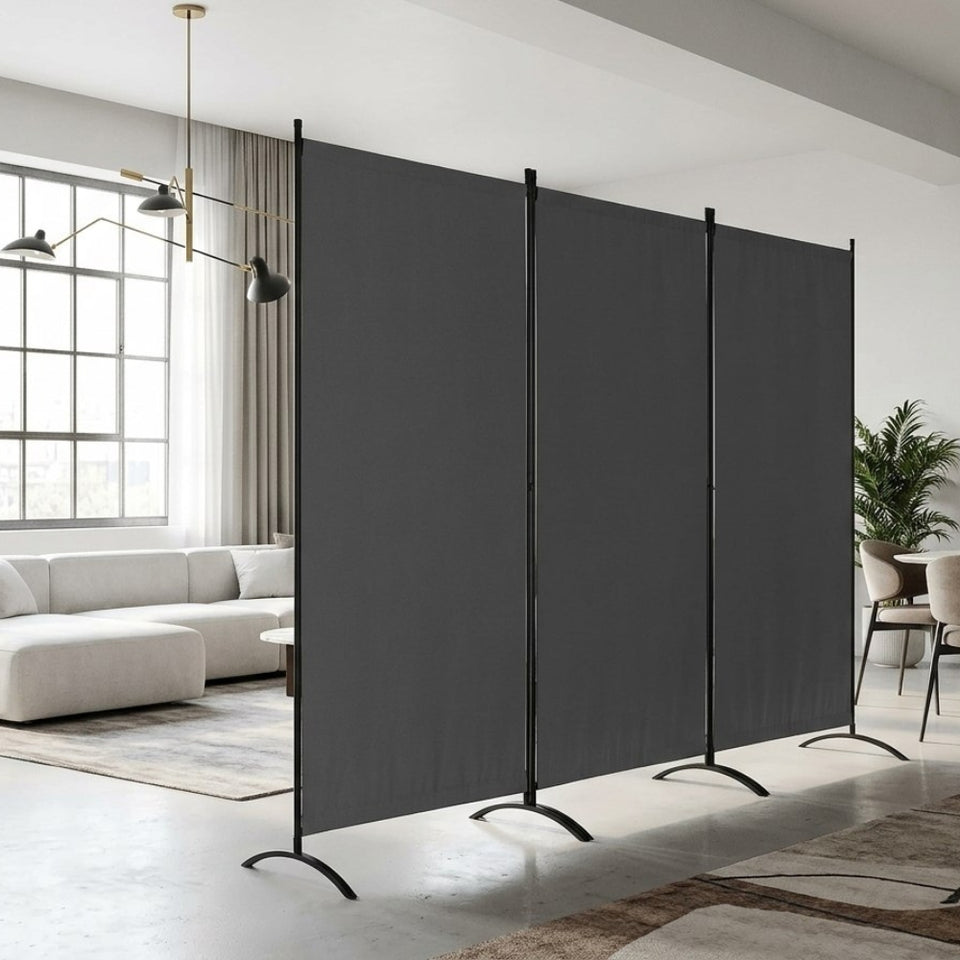 Paravent Pliable Tissu Gris — 3 Panneaux 260×184 cm