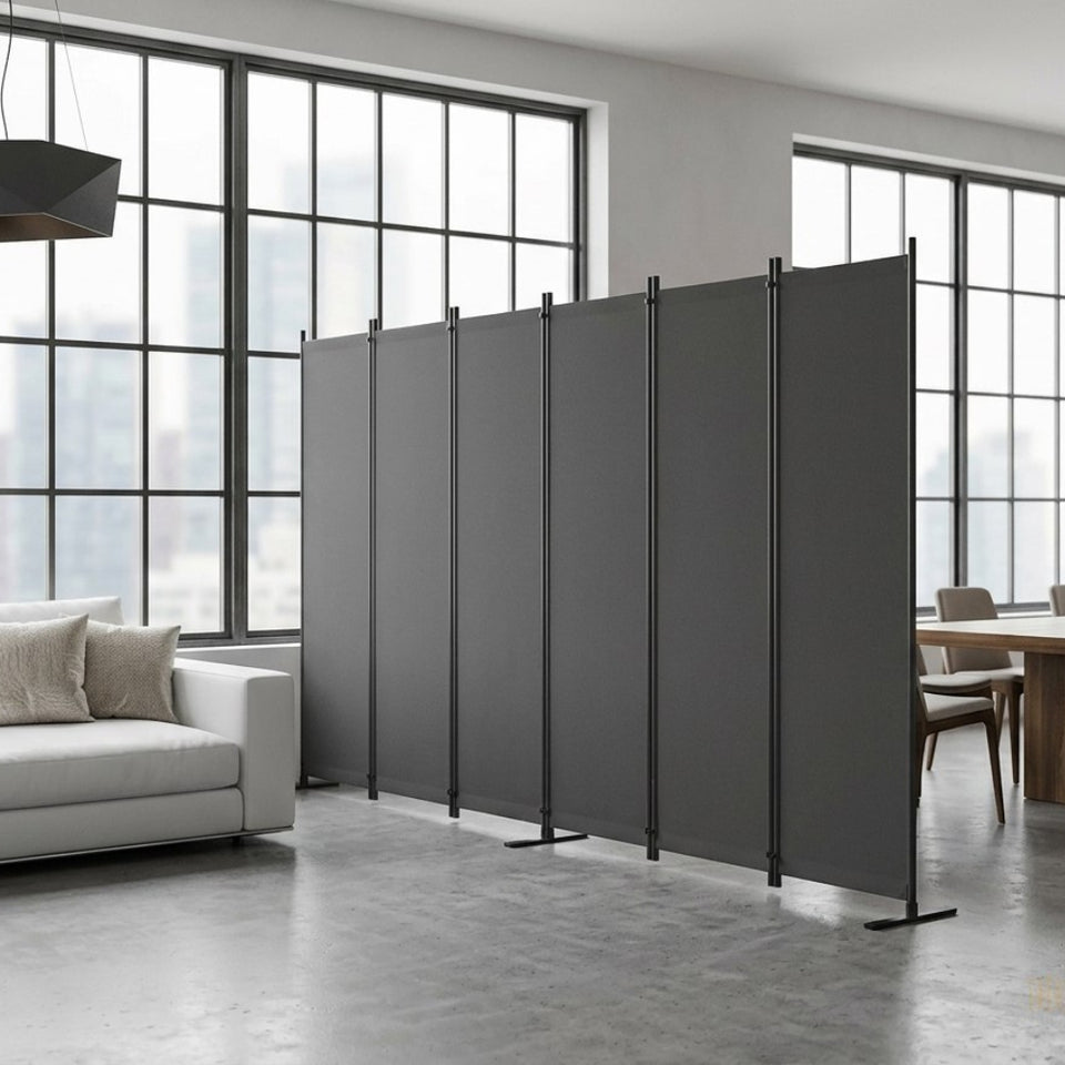 Paravent Pliable Tissu Gris — 6 Panneaux 336×181 cm