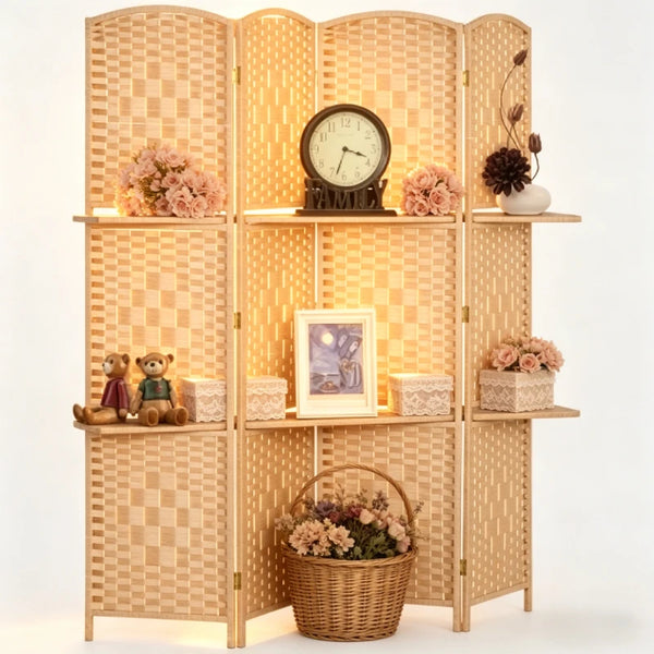 Paravent 4 Panneaux Bois avec 2 Étagères — Rangement & Séparation 160 × 170 cm