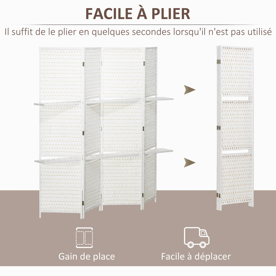 Paravent 4 Panneaux avec Étagères — Cloison Décorative & Rangement Autoportant
