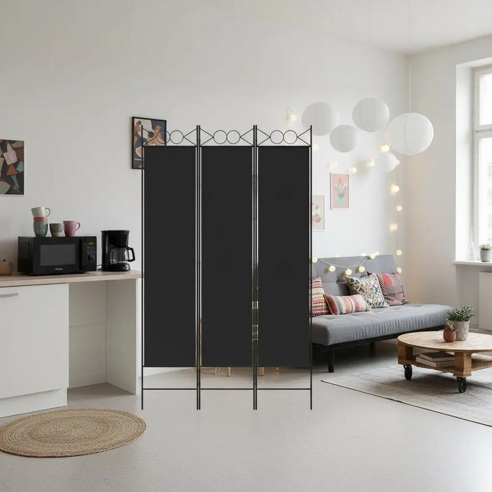 Paravent 3 Panneaux Tissu Noir 120 × 200 cm — Grande Hauteur, Salon & Bureau