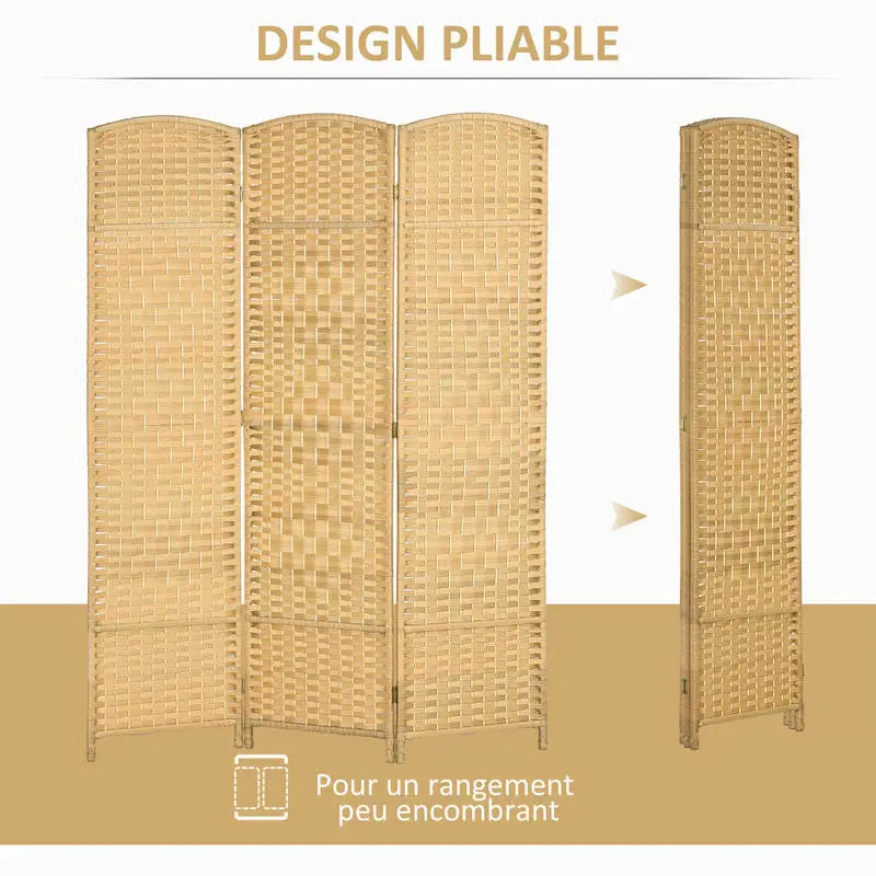 Paravent 3 Panneaux Tressé Incurvé — 6 Charnières Métal, Waterproof