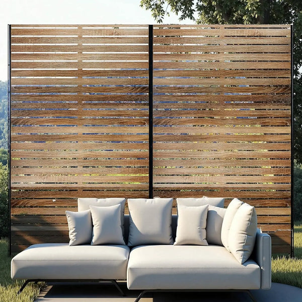 Paravent Métal Extérieur 183 cm — Lamelles Bois Brun, Autoportant Balcon & Jardin