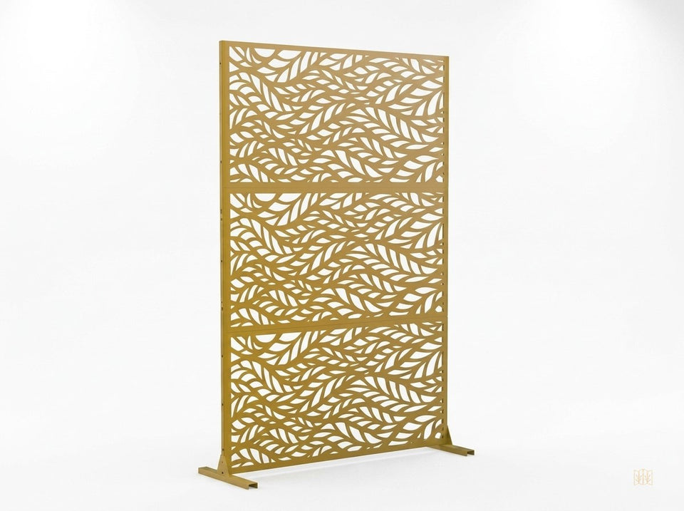 paravent metal exterieur 183cm motif feuilles brun fond blanc
