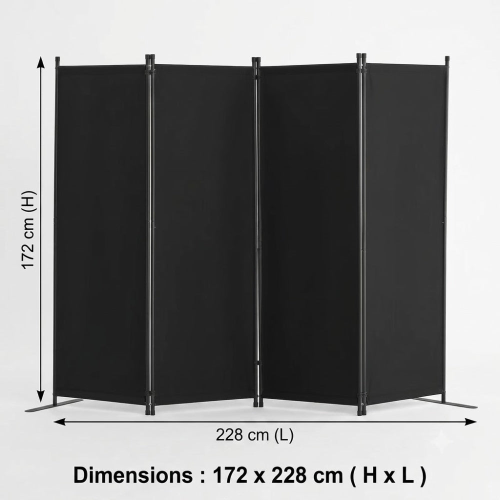 Paravent 4 Panneaux Tissu Noir — Séparateur Design 228 × 172 cm