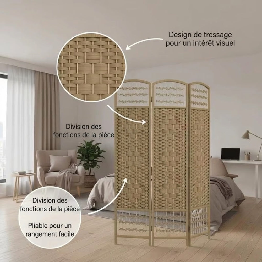 Paravent 3 Panneaux Bois Massif — Cloison Autoportante 170 × 120 cm, Texture Naturelle