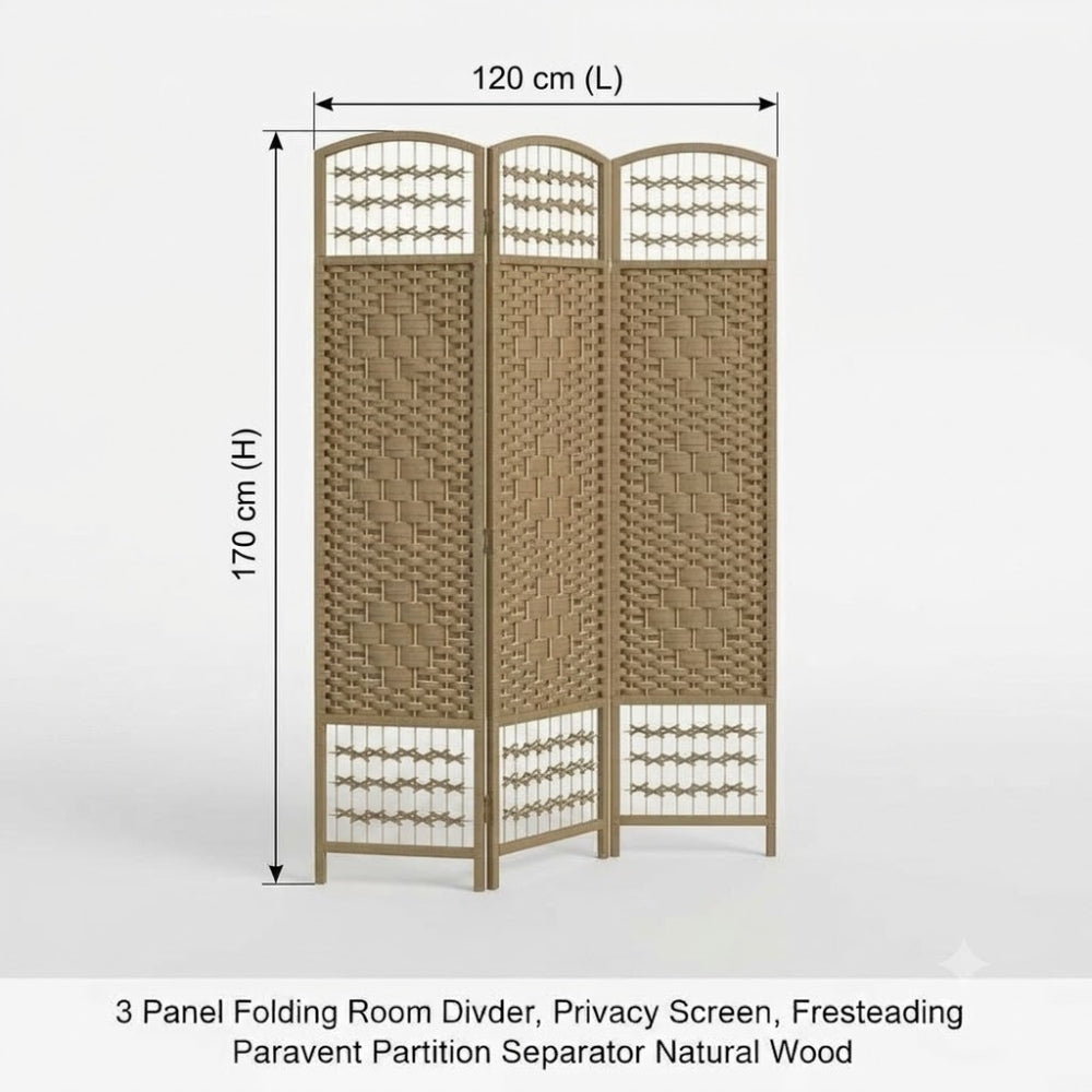 Paravent 3 Panneaux Bois Massif — Cloison Autoportante 170 × 120 cm, Texture Naturelle