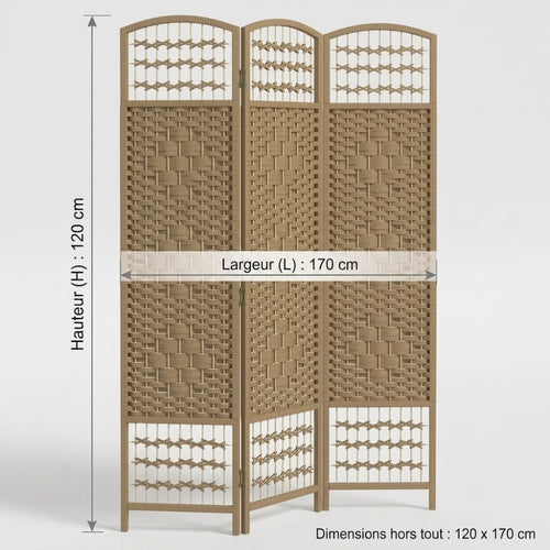Paravent 3 Panneaux Corde Tressée — Cloison Ajourée & Ventilée 120 × 170 cm