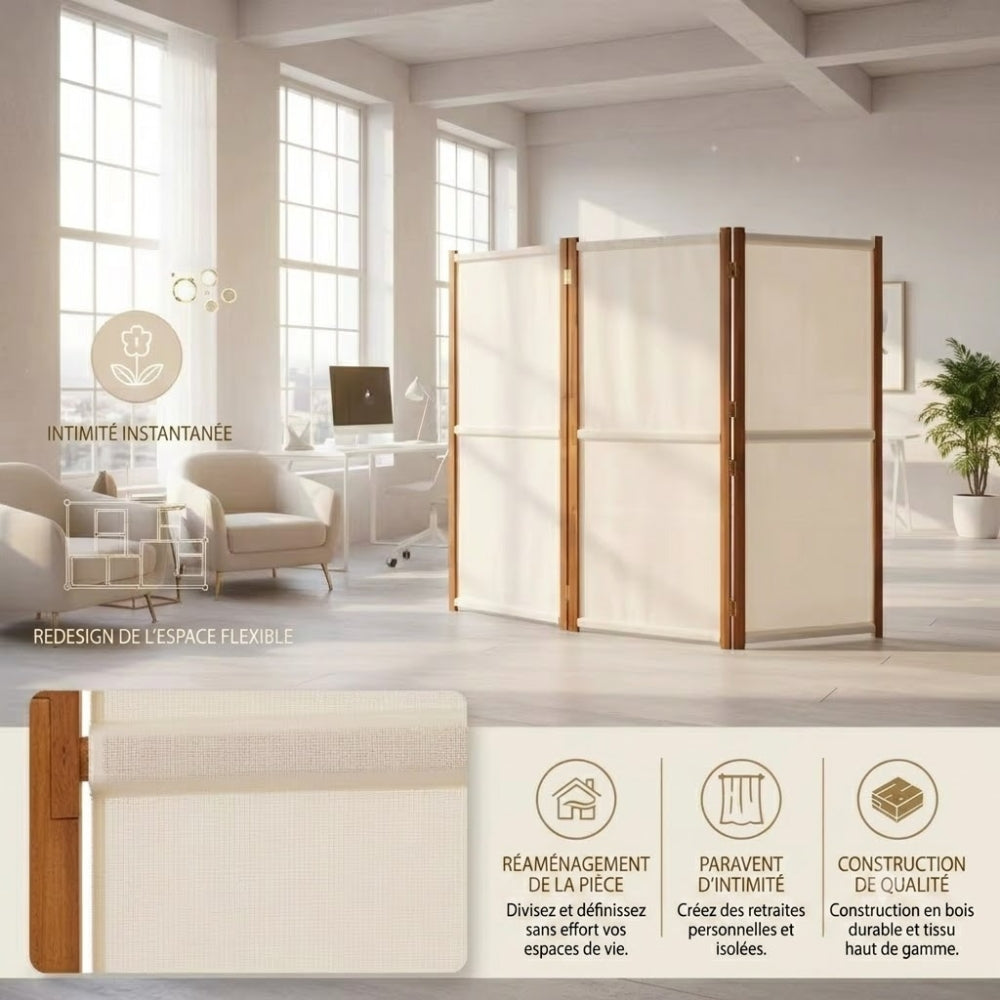 Paravent 3 Panneaux Crème & Blanc 210 × 180 cm — Cloison Légère Premium