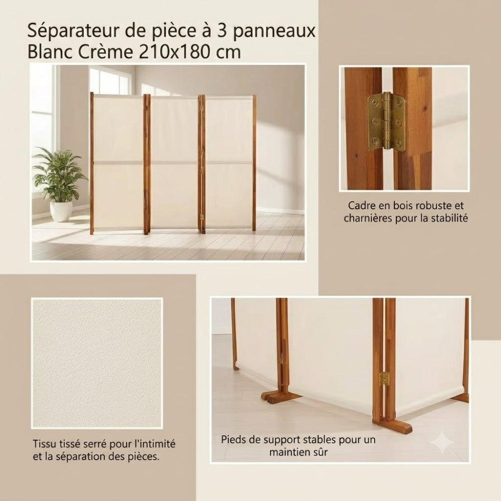 Paravent 3 Panneaux Crème & Blanc 210 × 180 cm — Cloison Légère Premium