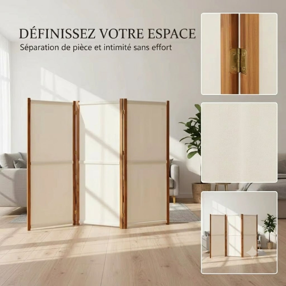 Paravent 3 Panneaux Crème & Blanc 210 × 180 cm — Cloison Légère Premium