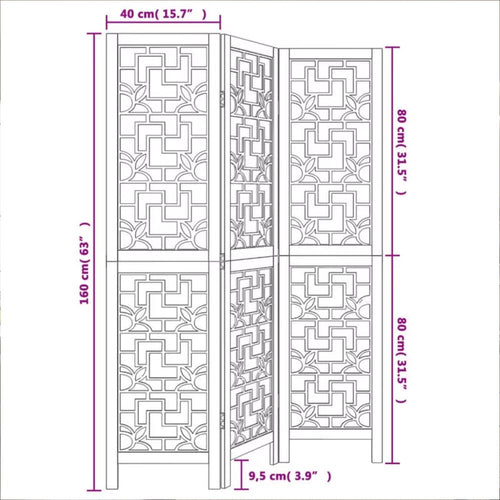 Paravent 3 Panneaux Paulownia Brun — Cloison Pliable Sans Montage
