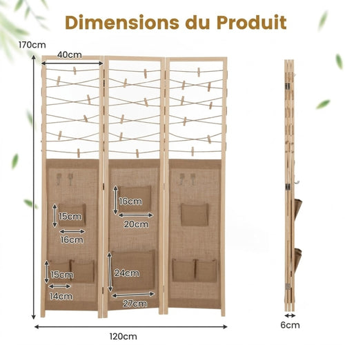 Paravent 3 Panneaux Rustique Corde & Pochettes de Rangement — Sans Montage