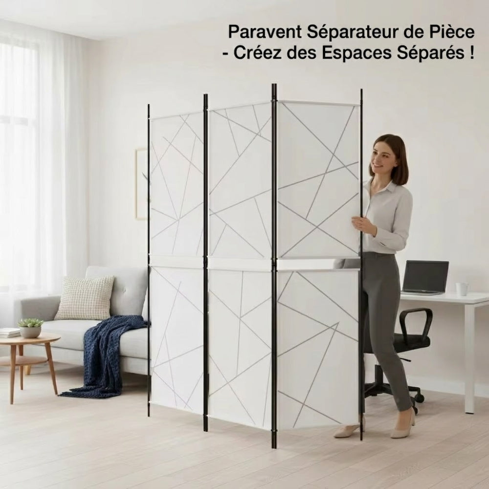 Paravent 3 Panneaux Tissu Blanc 150 × 180 cm — Cloison Bureau & Chambre