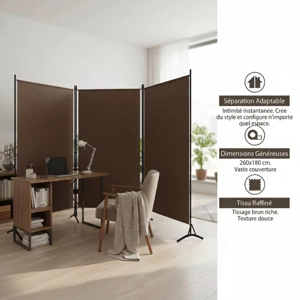 Paravent 3 Panneaux Tissu Brun & Armature Fer — Cloison Bohème 260 × 180 cm