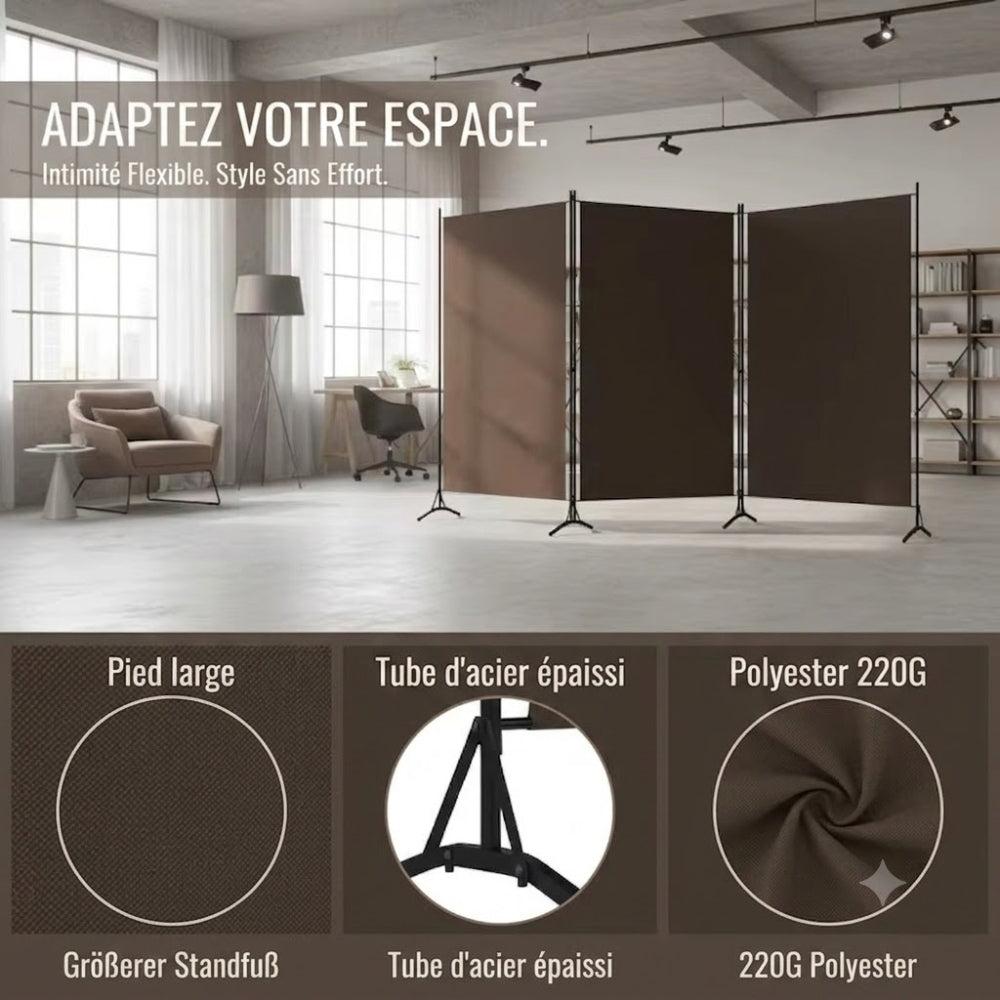 Paravent 3 Panneaux Tissu Brun & Armature Fer — Cloison Bohème 260 × 180 cm