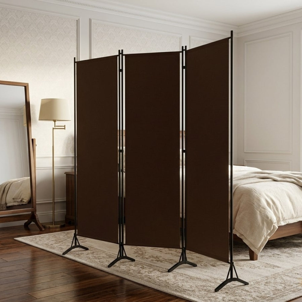 Paravent 3 Panneaux Tissu Brun & Armature Fer — Cloison Bohème 260 × 180 cm