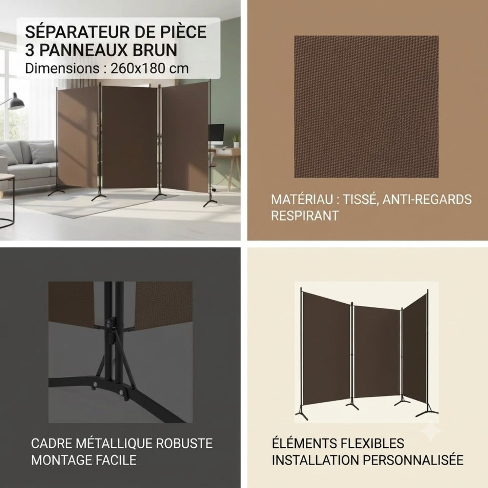 Paravent 3 Panneaux Tissu Brun & Armature Fer — Cloison Bohème 260 × 180 cm