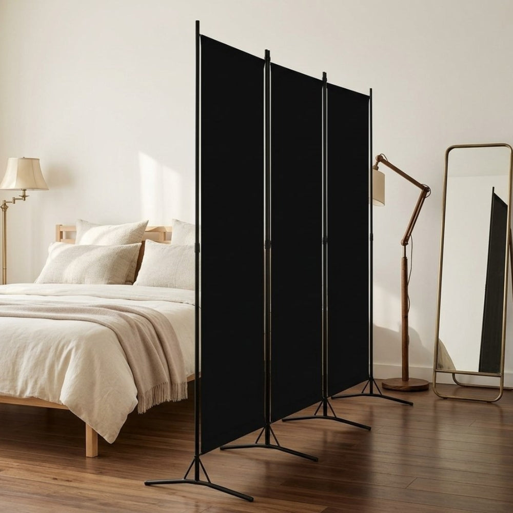 Paravent 3 Panneaux Tissu Noir — Cloison Épurée Salon & Chambre 260 × 180 cm