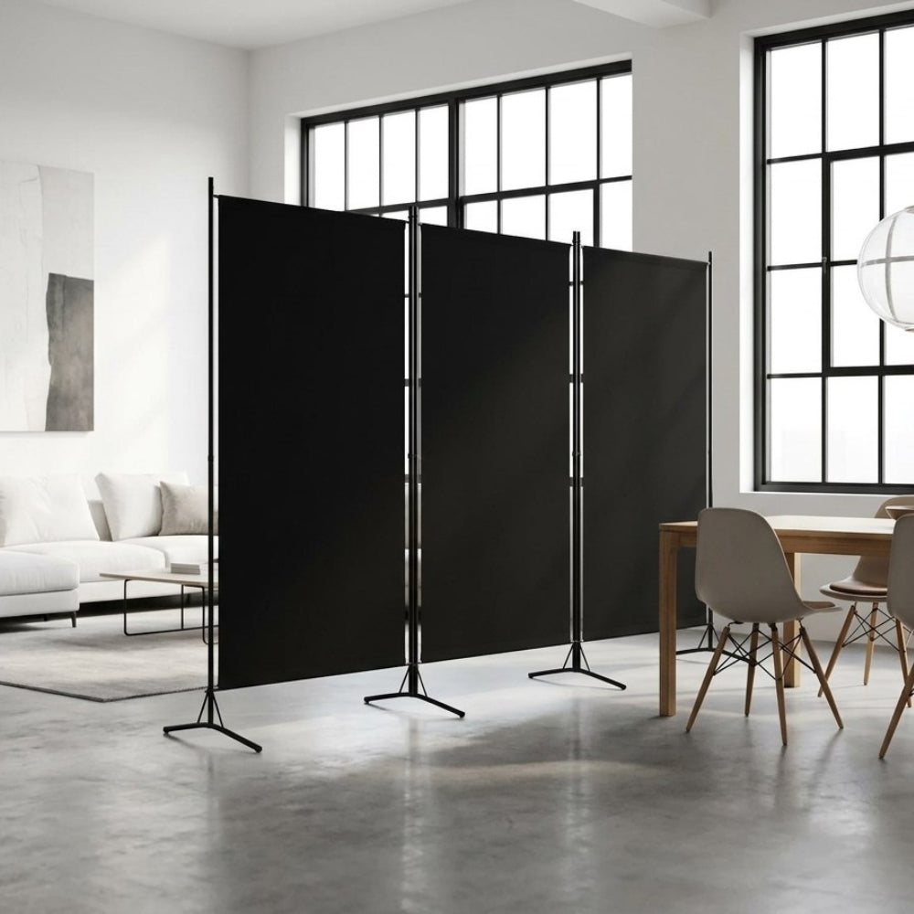 Paravent 3 Panneaux Tissu Noir — Cloison Épurée Salon & Chambre 260 × 180 cm