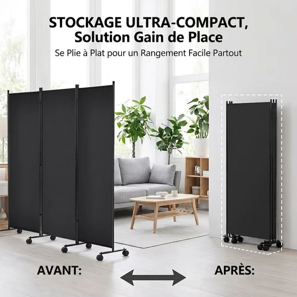 Paravent 3 Panneaux sur Roulettes — Cloison Mobile Intérieur & Balcon