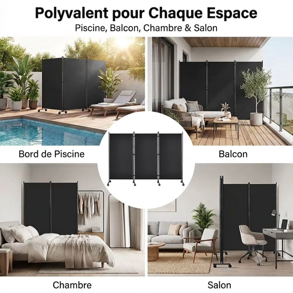 Paravent 3 Panneaux sur Roulettes — Cloison Mobile Intérieur & Balcon