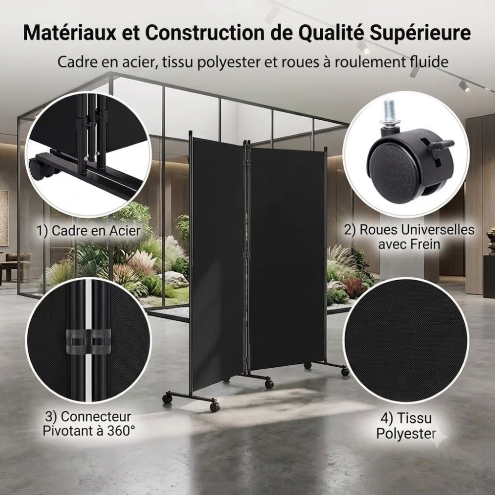 Paravent 3 Panneaux sur Roulettes — Cloison Mobile Intérieur & Balcon