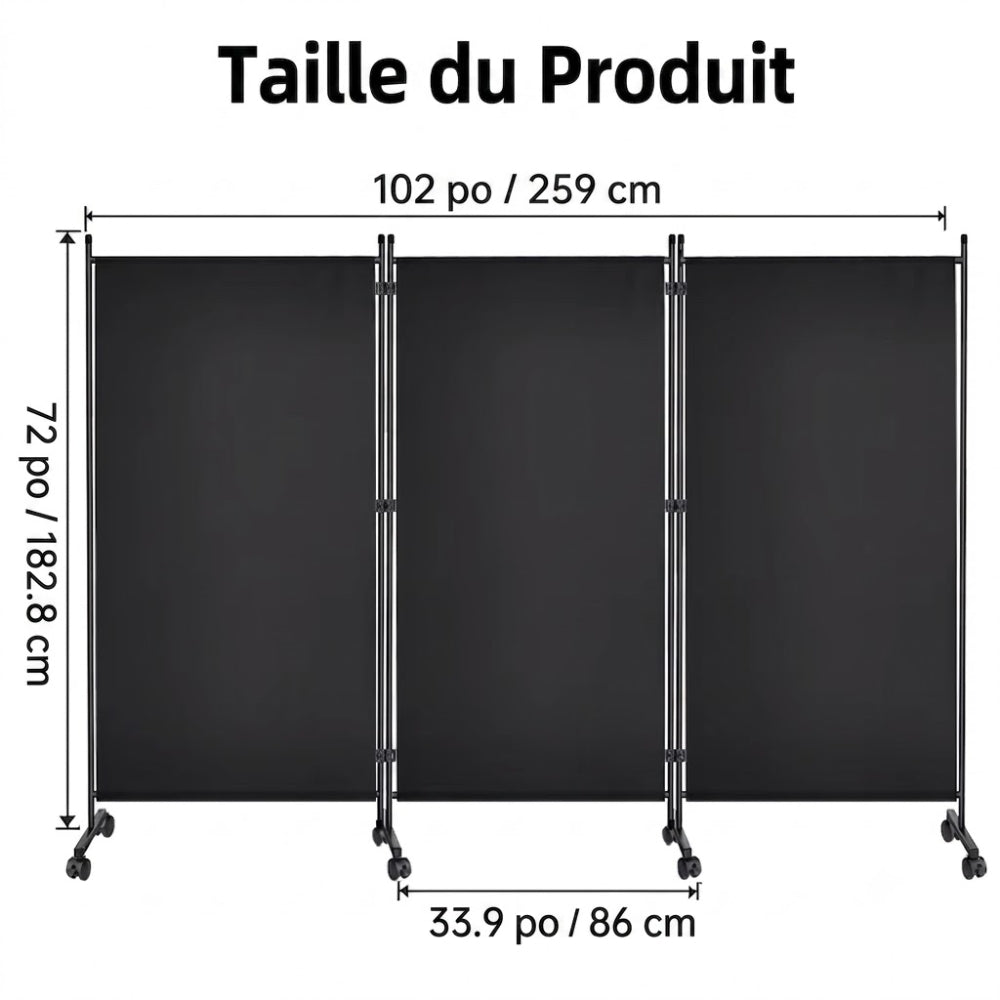 Paravent 3 Panneaux sur Roulettes — Cloison Mobile Intérieur & Balcon