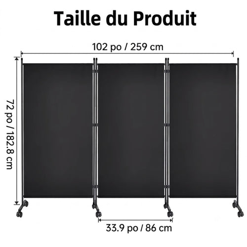 Paravent 3 Panneaux sur Roulettes — Cloison Mobile Intérieur & Balcon