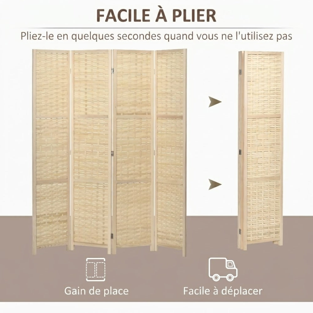 Paravent 4 Panneaux Aspect Bambou Tressé — Cloison Élégante & Rustique