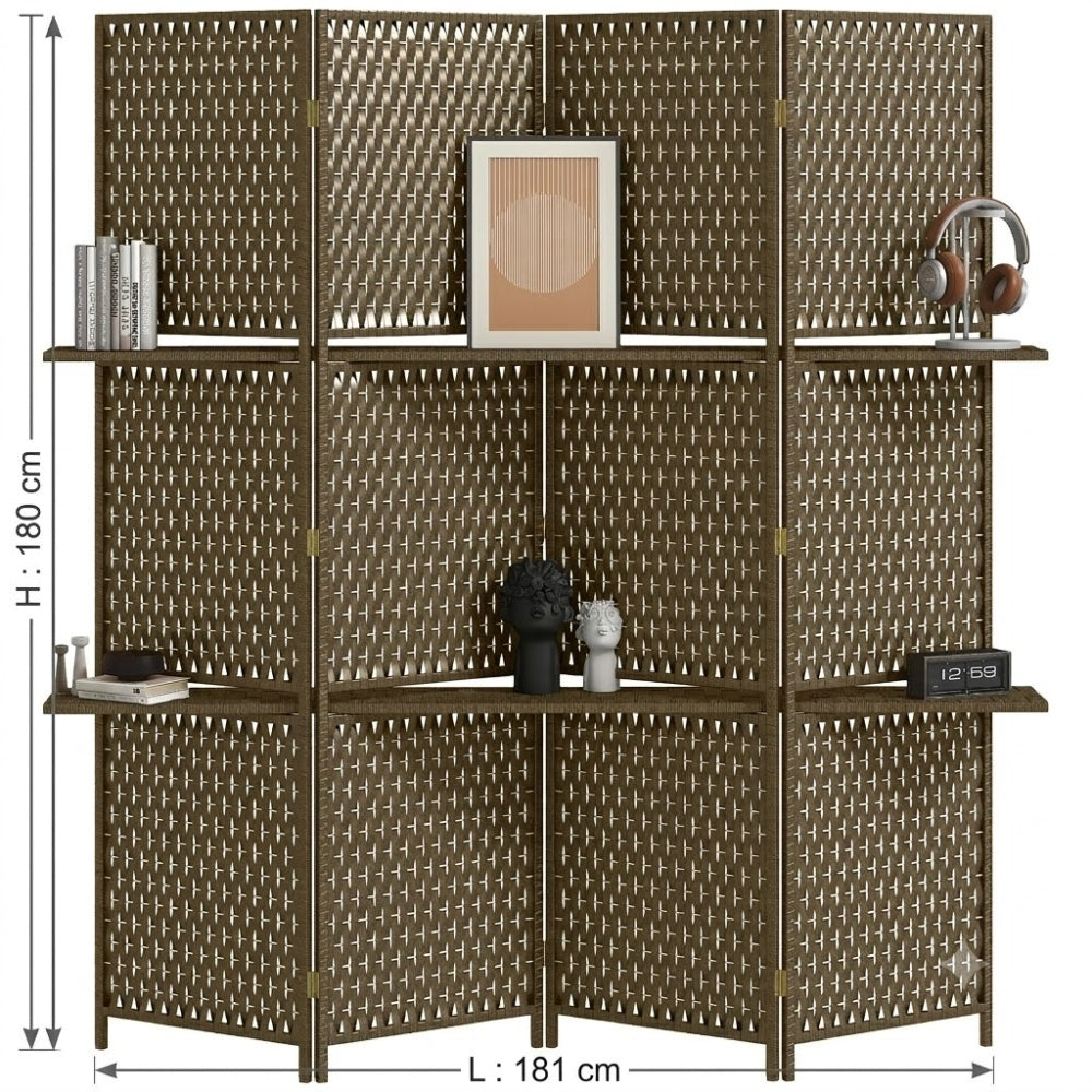 Paravent 4 Panneaux Bambou avec 2 Étagères 181×180 cm