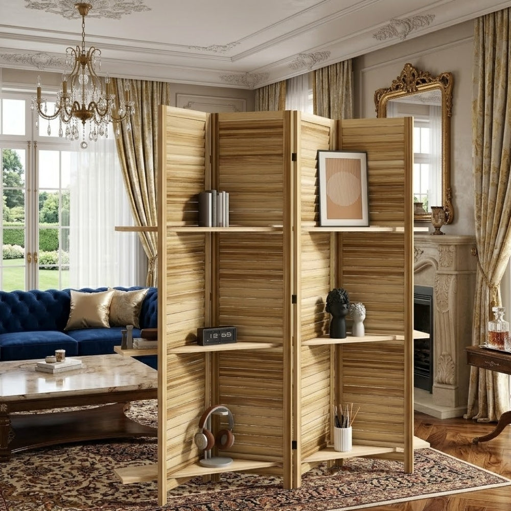 Paravent 4 Panneaux Bambou avec 3 Étagères 160×170 cm
