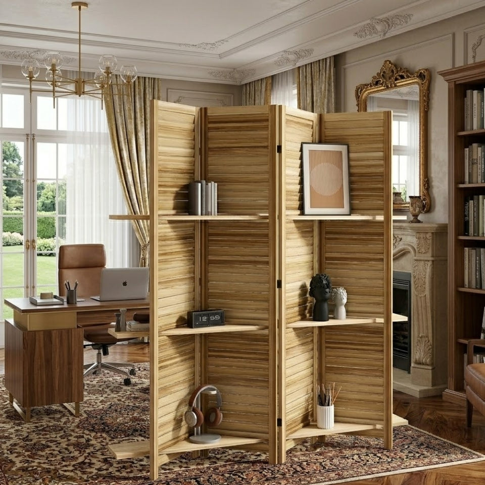 Paravent 4 Panneaux Bambou avec 3 Étagères 160×170 cm