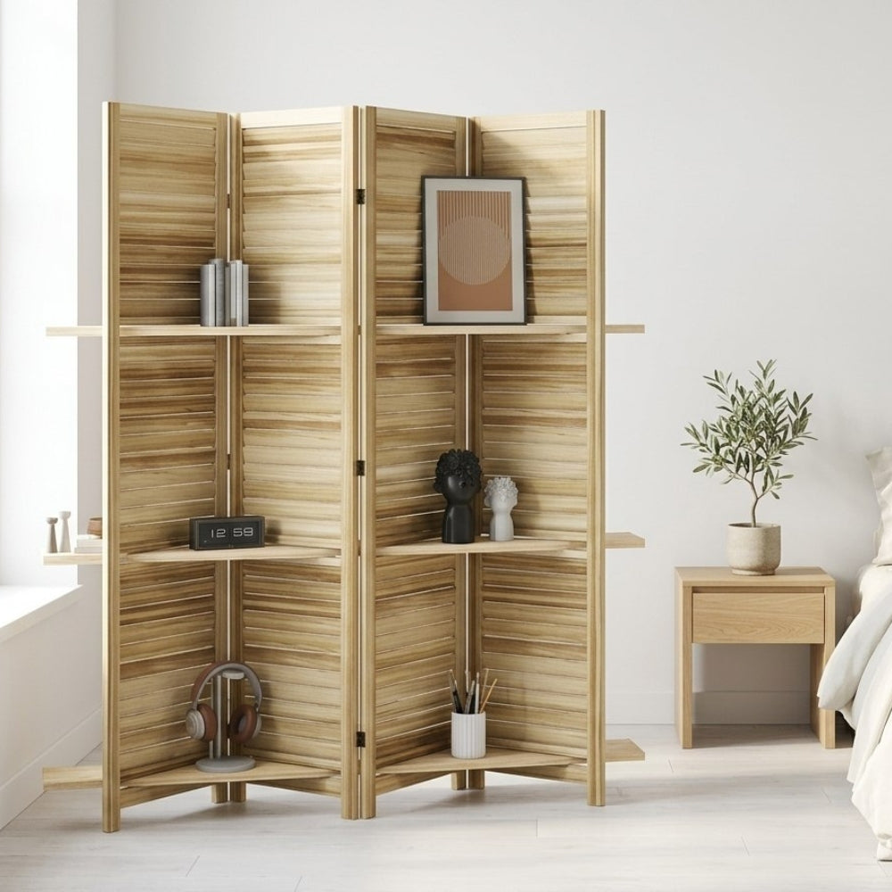 Paravent 4 Panneaux Blanc avec 3 Étagères — Cloison & Meuble 160 × 170 cm