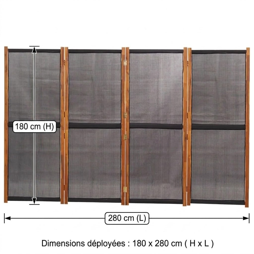 Paravent 4 Panneaux Bois Paulownia Noir — Cloison Contemporaine 280 × 180 cm