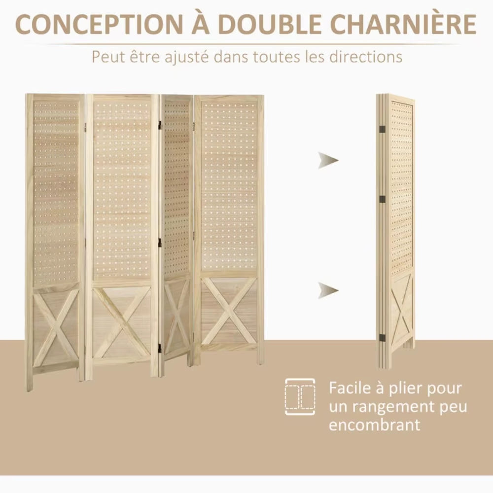 Paravent 4 Panneaux Bois Perforé 152×145 cm
