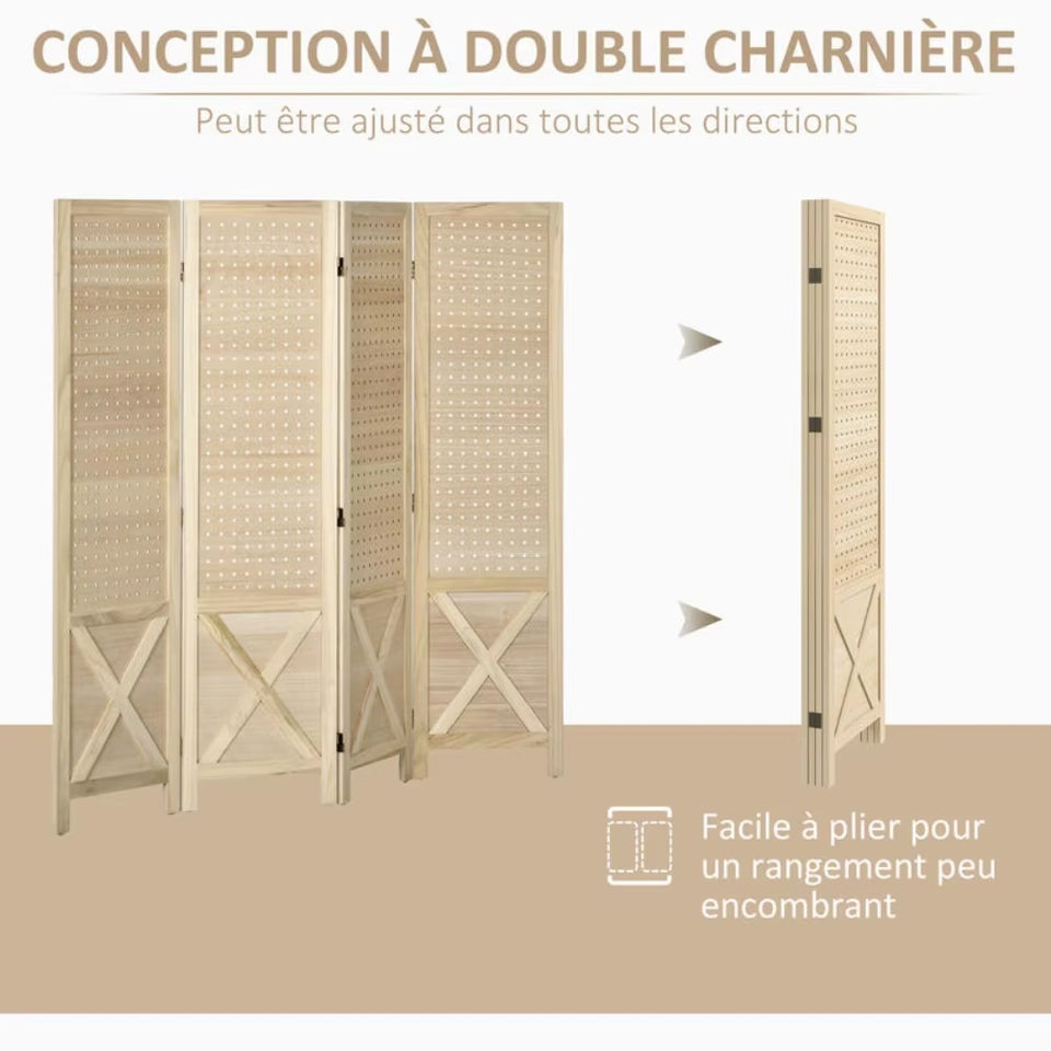 Paravent 4 Panneaux Bois Perforé 152×145 cm