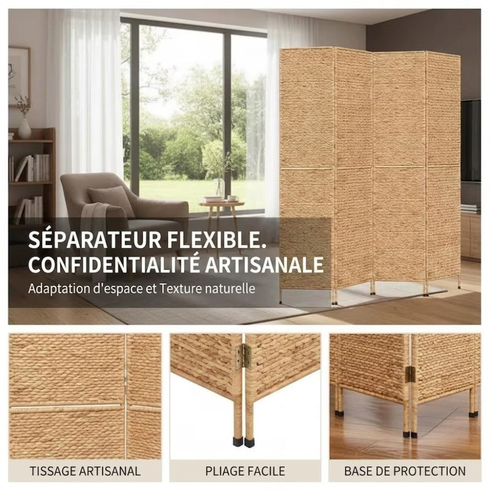 Paravent 4 Panneaux Jacinthe d'Eau — Cloison Naturelle Artisanale 163 × 180 cm
