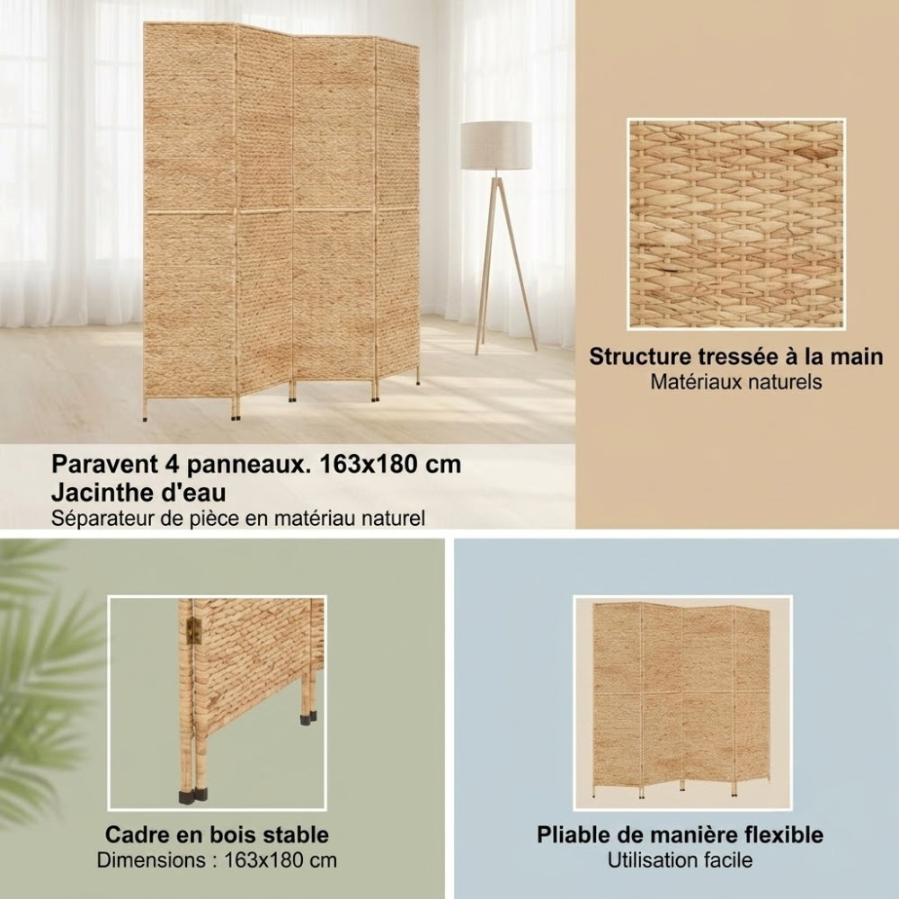 Paravent 4 Panneaux Jacinthe d'Eau — Cloison Naturelle Artisanale 163 × 180 cm
