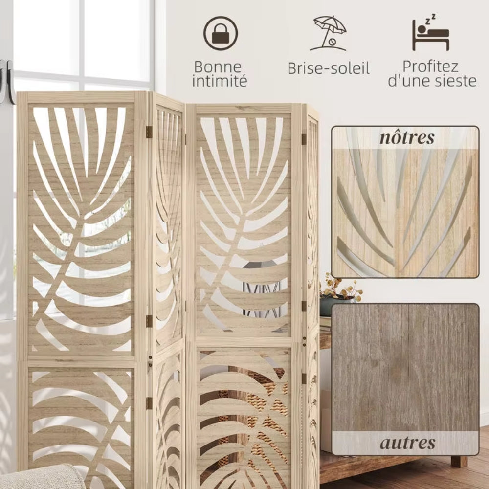 Paravent 4 Panneaux Motif Feuilles de Palmier — Cloison Décorative Tropicale Modulable