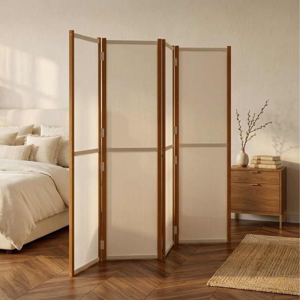 Paravent 4 Panneaux Tissu Blanc Crème — Grand Séparateur 280 × 180 cm