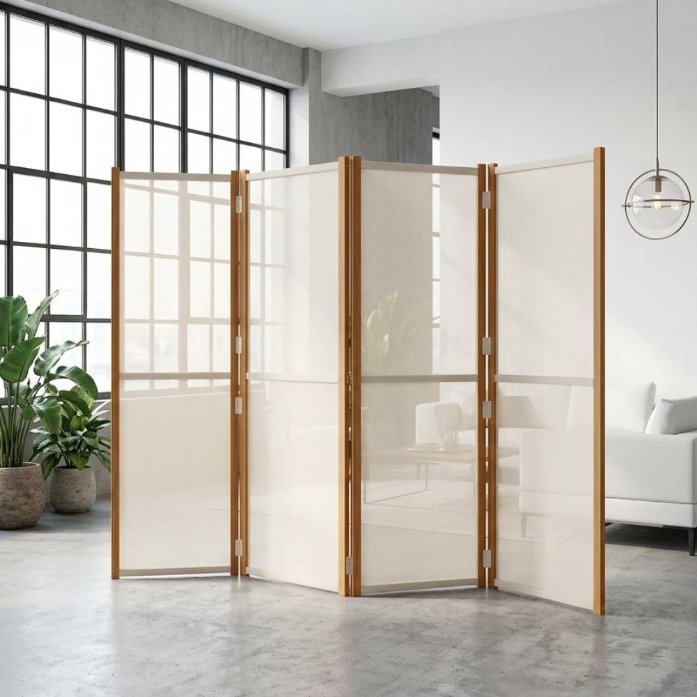 Paravent 4 Panneaux Tissu Blanc Crème — Grand Séparateur 280 × 180 cm