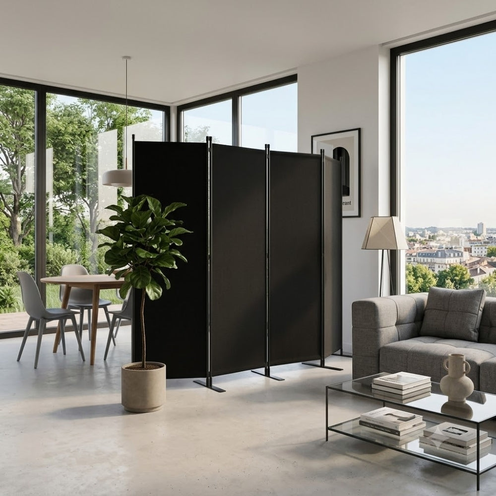 Paravent 4 Panneaux Tissu Noir — Séparateur Design 228 × 172 cm