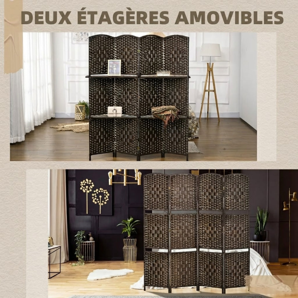 Paravent 4 Panneaux avec Étagères — Séparateur Brun 160 × 170 cm