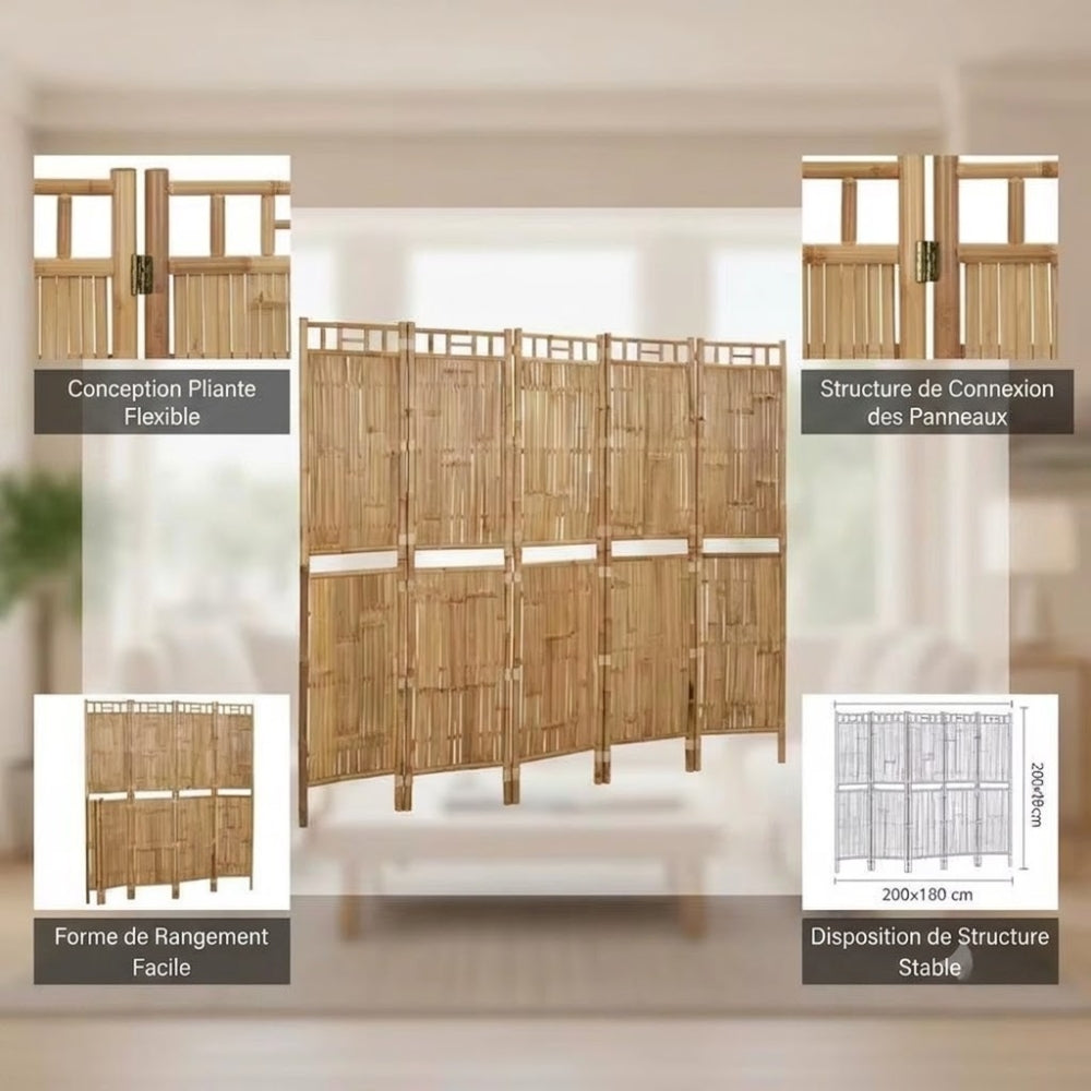 Paravent 5 Panneaux Bambou Résistant — Intérieur & Extérieur, 200 × 180 cm