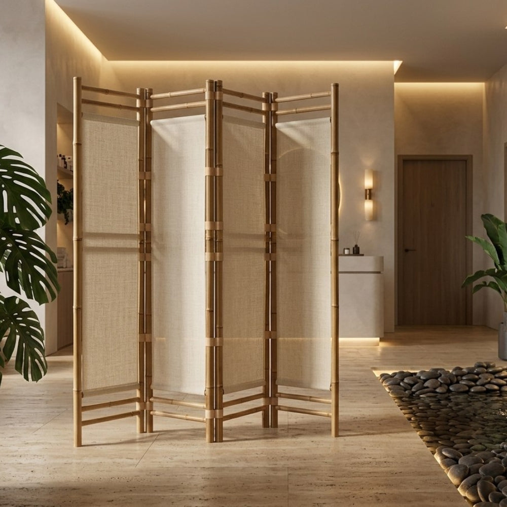 Paravent 5 Panneaux Bambou & Toile — Cloison Légère 200 cm
