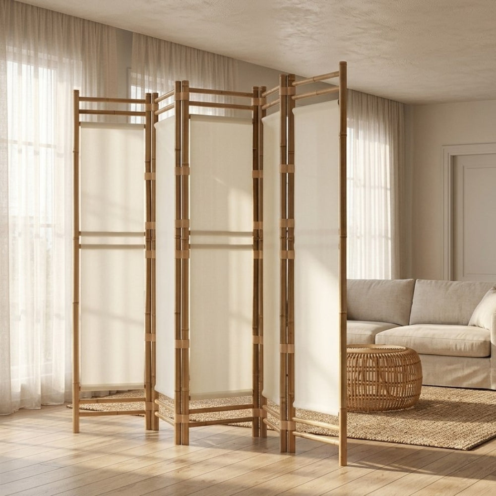 Paravent 5 Panneaux Bambou & Toile — Cloison Légère 200 cm