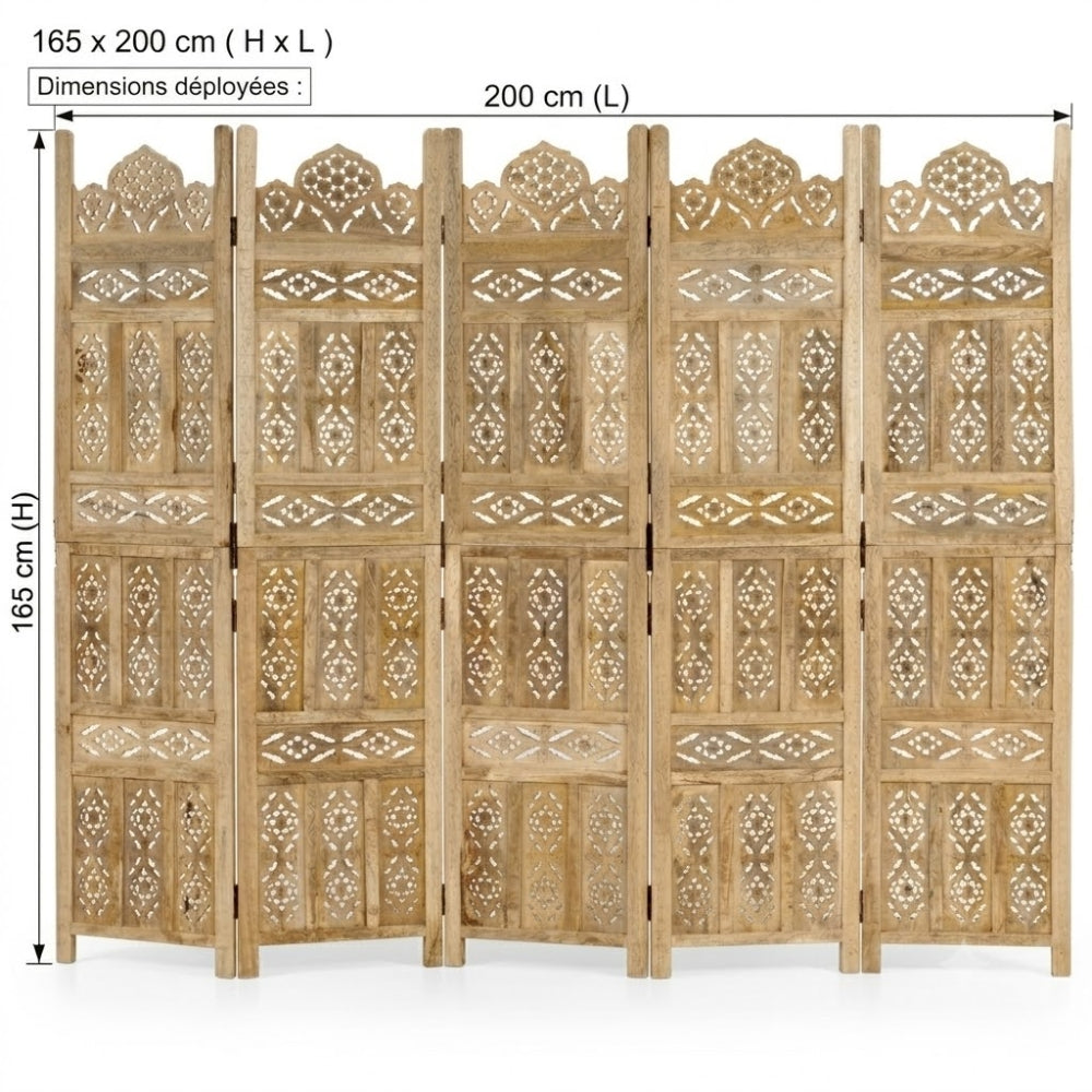 Paravent 5 Panneaux Bois de Manguier 200 × 165 cm — Cloison Exotique & Durable